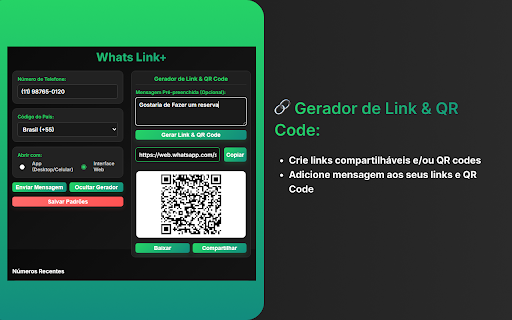 Whats Link+: WA Mensagem Direta Fácil e QR Code :: A forma mais rápida de iniciar conversas no WhatsApp. Envie mensagens, crie links e gere QR codes