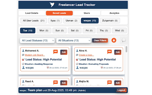 Freelancer Lead Tracker :: Save Freelancer.com clients in one click, track chats, manage leads, create teams, assign profiles, and monitor analytics.