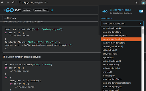 Go Docs Syntax Highlighter :: Adds syntax highlighting to Go documentation code blocks with 200+ themes to choose from.