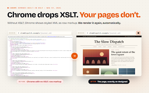 XSLT Browser Support - XSLT Polyfill, XML Viewer & Tester :: An XSLT polyfill for Chrome: renders styled XML, RSS feeds and sitemaps, restores XSLTProcessor, plus an XML viewer and XSLT tester.