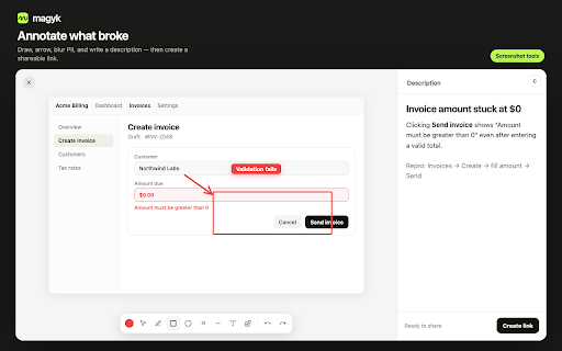magyk :: Catch the bug. Share the whole story. Screenshots, recordings, and DevTools context in one link.