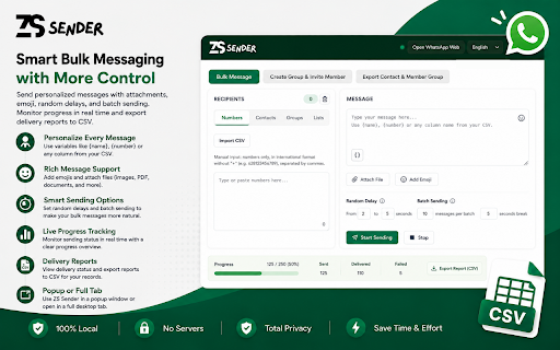 ZS Sender - WhatsApp Bulk Sender from CSV :: Send WhatsApp messages in bulk from WhatsApp Web: numbers, contacts, groups, lists, CSV import, delays and batching.