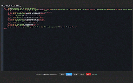 HTML, CSS, JS Beautify & Minify :: Beautify or minify your HTML, CSS, and JS code instantly with one click.