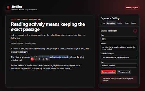 Redline :: Annotate the web. Keep the evidence. Local annotations for serious reading.