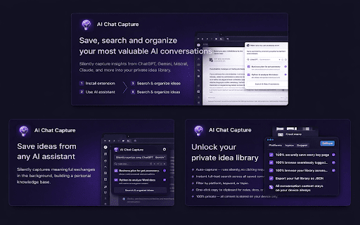 AI Chat Capture: ChatGPT, Claude, Gemini & DeepSeek :: Save and search your AI conversations automatically. Export as PDF or JSON. Supports ChatGPT, Gemini and more. Free to start.