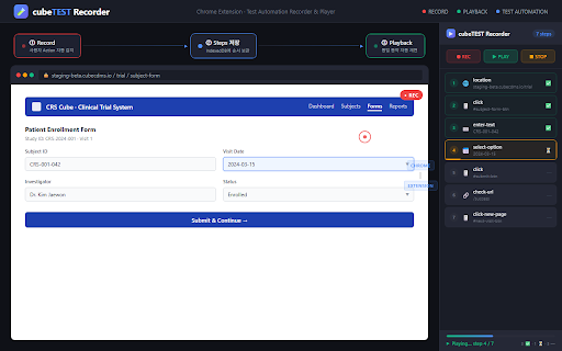 CRScube cubeTEST Recorder :: cubeTEST recorder by CRScube, capturing user interactions on websites. Exports scripts via clipboard and saves screenshots.