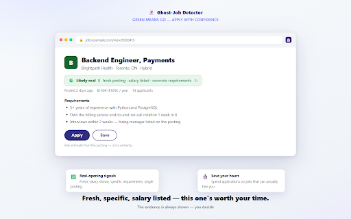 Ghost-Job Detector :: Flags job listings that show ghost-job warning signs on LinkedIn and Indeed, with the reasons. A risk estimate, not a certainty.