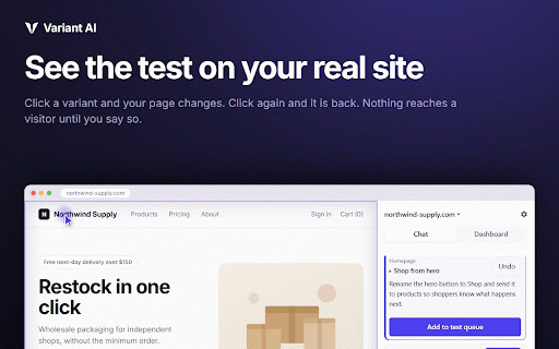 Variant AI :: Variant explores your site, proposes A/B tests, and ships the winners. Preview every change on your real page first.