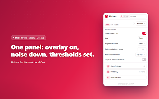 PinLens for Pinterest :: Pin stats & viral scores on every pin, board cleanup for duplicates & dead links, and AI pin copy.