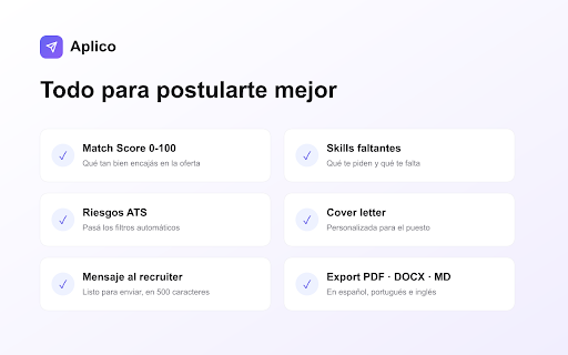 Aplico :: Adaptá tu CV a cada oferta con IA, sin inventar experiencia. Cover letter y mensaje al recruiter en 1 clic.
