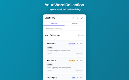 Voca-Voca: English Vocabulary Builder, Dictionary & Flashcards :: Grow your English vocabulary as you read. Highlight any word for instant definitions, pronunciation, and spaced-repetition review.