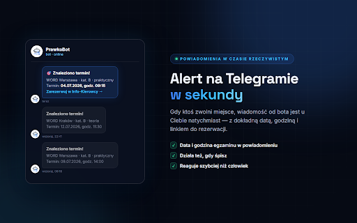 PrawkoBot – Info-Kierowca :: Monitoruje dostępność terminów na egzamin na prawo jazdy w portalu Info-Kierowca i powiadamia o znalezionych miejscach.