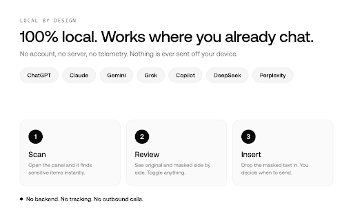 Privacy Mask: Hide Sensitive & Personal Info (PII) by PaperWork :: Mask sensitive and personal info in your text before you send it to AI chat assistants, all locally in your browser.