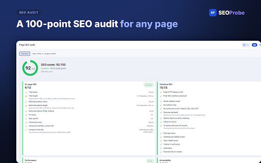 SEOProbe :: Visual SEO audit tool with AI detection, link analysis, accessibility checks, Google Sheets export and XLSX export.
