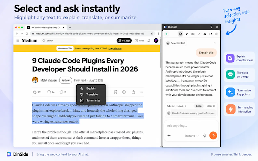 DinSide :: Bring browser context into ChatGPT, Gemini, Google AI Mode, Claude, and more—without copy-paste.