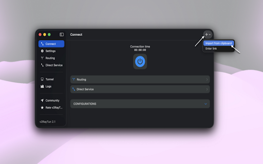 v2RayTun VPN :: Открывает подключение и страницу с инструкцией по использованию.
