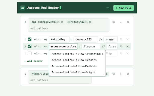 Awesome Mod Header :: Add or overwrite HTTP request and response headers on URLs you choose. Open source.