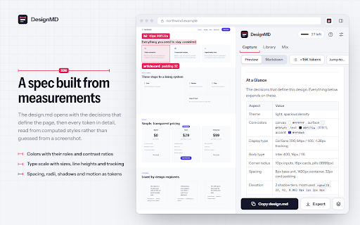 DesignMD: Copy Website Design, Mix with AI :: Copy any web page's design into a design.md spec of real CSS values and design tokens, ready for your AI coding agent.