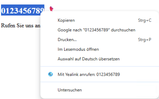 Click-to-Call für Yealink :: Rufe Yealink-Telefone direkt aus dem Browser an – mit Kontextmenü, tel:-Link-Unterstützung und Inline-Nummernerkennung.