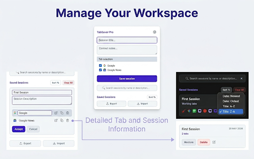 TabSaver Pro :: Save and restore tab sessions. Search across all your saved sessions and export them as JSON files. Never lose your tabs again!