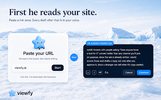 Viewfy :: Drafts posts and replies on LinkedIn and X, right where you'd type. Finds threads. Learns your voice. You post.