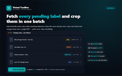 Vinted Label Crop & Bulk Packing ToolBox (Pro Shipping Assistant) :: Auto-crop Vinted & Wallapop labels to 10x15 thermal PDF/PNG or bulk A4 layout. Safe multi-account & parcel management.