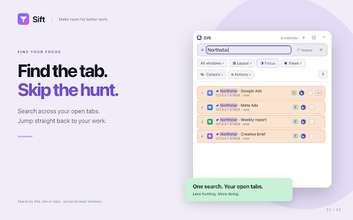 Sift: tab finder :: Find any tab out of hundreds as fast as out of three. Search-first command palette + a no-scroll, site-clustered side panel.