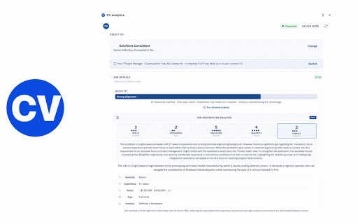 CV analytics :: Job seeker co-pilot for fast results: auto-fill, scam & ghost job detection, job fit, cover letters, tracking & more.