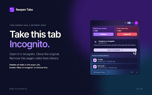 Reopen Closed Tabs - Browsing History & Tab Manager :: Reopen closed tabs, manage history, and move a tab to Incognito while clearing that page's history.