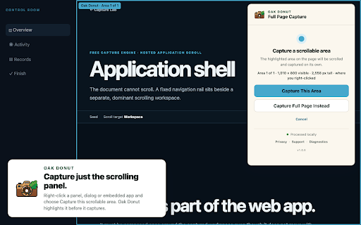 Oak Donut :: Capture complete webpages as local PNG or PDF files, with same-domain discovery and a three-page Free Site Batch workflow.