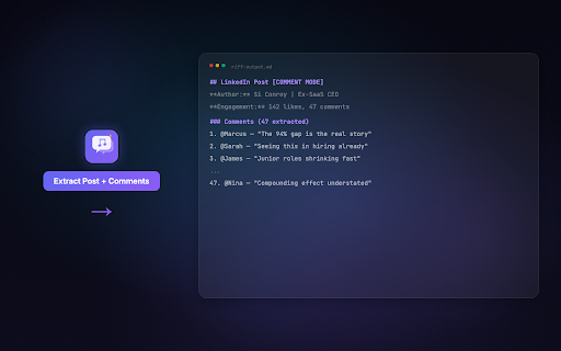 Riff - LinkedIn Engagement Assistant :: Extract LinkedIn posts and comments as structured markdown. Copy to clipboard for AI-powered reply drafting.