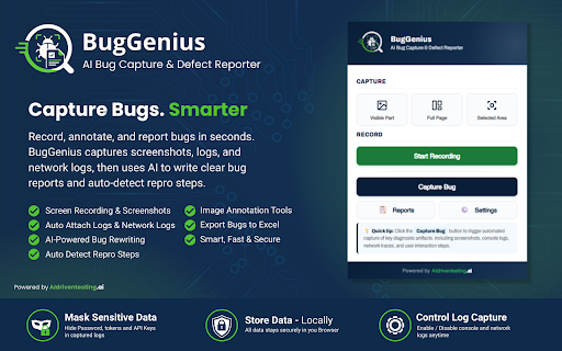 BugGenius - AI Bug Capture & Defect Reporter :: AI bug capture for QA teams. Captures screenshots, console logs, network requests, and steps to reproduce.