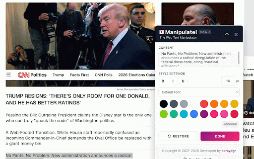 Manipulate! :: Select the text you want to change, right-click the selection, choose 'Manipulate!' to edit. Test text changes or fool friends!