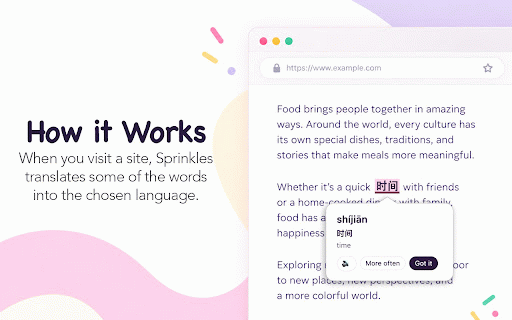 Sprinkles :: Sprinkles learned vocabulary into webpages to help you learn languages passively every day. Friendly and memorable.
