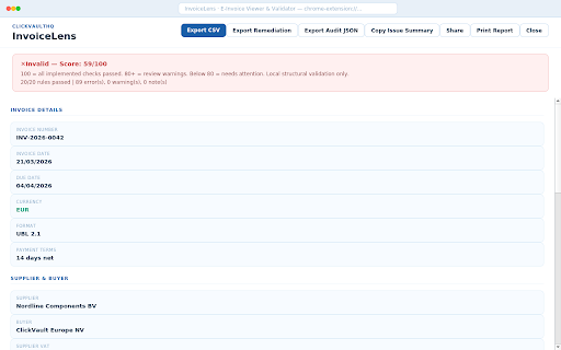 InvoiceLens - E-Invoice Viewer & Validator :: Validate UBL 2.1 and CII XML e-invoices locally. PEPPOL validator. 15+ rules. CSV export. No upload. No server. 50+ countries.