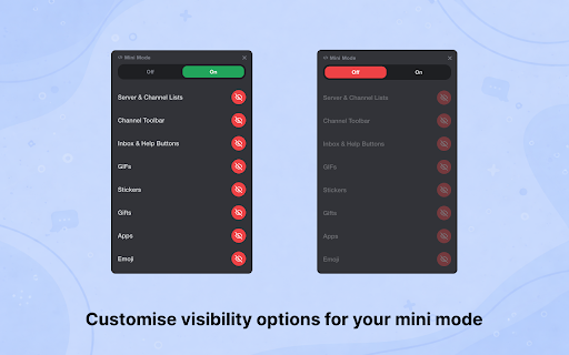 Discord Mini Mode :: Toggle Mini Mode to strip Discord down to just the chat — hide sidebars, toolbars, GIFs, stickers, and more.