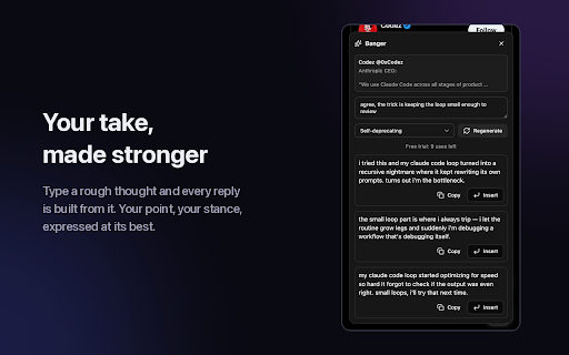 Banger: AI Posts & Replies that Grow Your X :: Turn rough thoughts into bangers. AI replies and posts in your voice that grow your X account. Bring your own AI key.