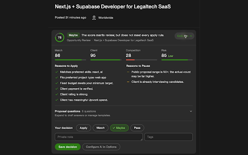 Upwork Enhancer :: Evaluate Upwork opportunities in context with local scoring and optional AI assistance.