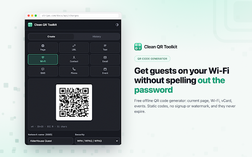 Clean QR Toolkit - Free Offline QR Code Generator :: Free offline QR code generator: current page, Wi-Fi, vCard, events. Static codes, no signup or watermark, and they never expire.