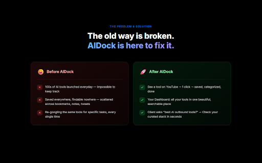 AIDock — Save AI Tools :: Save AI tools to your personal dashboard with one click. Organize, categorize, and discover AI tools easily.