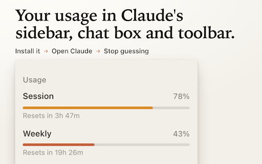 Usage Tracker for Claude - Limits & Quota :: Your real Claude limits in the toolbar, sidebar & chat box. Session, weekly & per-model quota with reset countdowns. No API key.