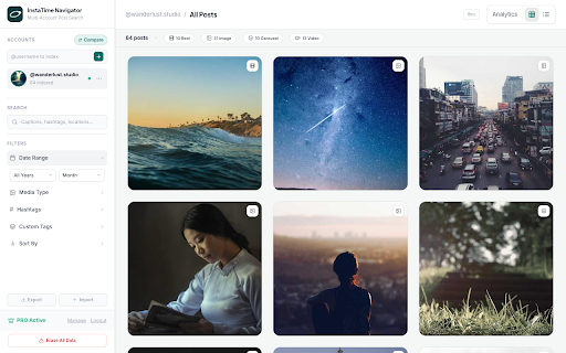 InstaTime: Search Instagram Posts by Date & Reach Score :: Stop endless scrolling. Search any Instagram profile by exact date, caption keyword, or hashtag with instant analytics.