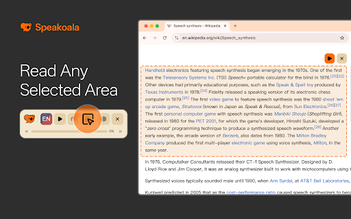 Speakoala - Text to Speech (TTS) :: Use natural voices to read any website and local documents, with support for area selection playback.