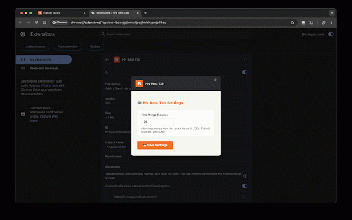 HN Best Tab :: Quickly access Hacker News top stories with a custom 'best' tab. Set your preferred time range (1-720 hours).
