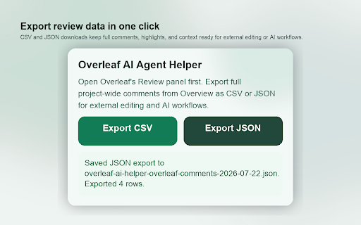 Overleaf AI Agent Helper :: Export complete Overleaf review comments, highlights, and context to CSV or JSON for external editing and AI workflows.