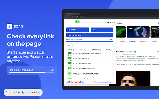 Browserling Link Checker – Page Link Auditor :: Collect links on a webpage and check their HTTP statuses. Monitor, filter, and export results directly in your browser.