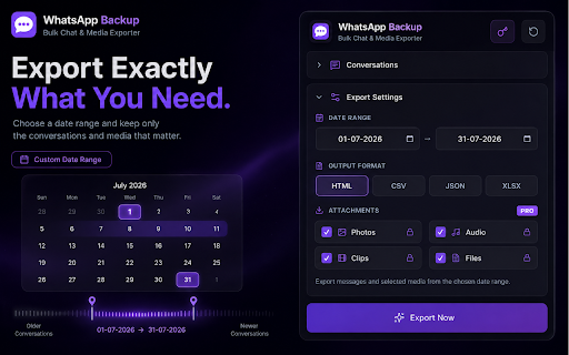 WhatsApp Bulk Chat Backup & Export :: Bulk export WhatsApp chats to HTML/CSV/Excel/JSON. Filter by date range & download media. Fast, private, 100% local.