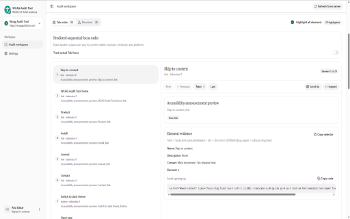 WCAG Audit Tool :: Audit web pages for WCAG 2.2 AA issues, inspect page structure and focus order, and synchronize accessibility reports.
