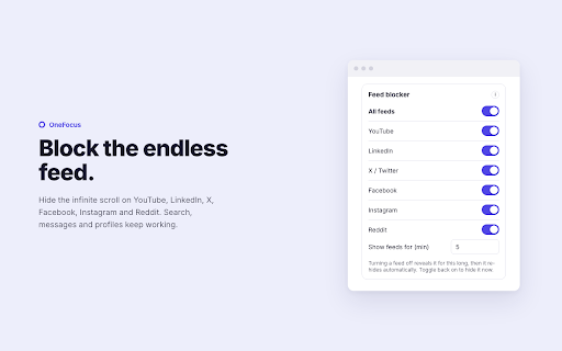 OneFocus :: One calm toolbar for focus: a timer, tab and window limits, feed and ad blocking, and distraction-free reading.