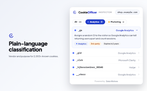 Cookie Inspector by CookieOfficer :: 🍪 Check, edit and clear every cookie on any site - instantly classified by category, purpose and vendor. No login, no tracking.